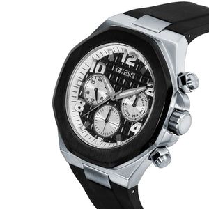 Detailed side view of the silver crown and pushers on the Guess GW0583G1