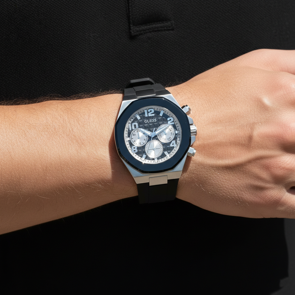 Man wearing Guess Empire GW0583G1 silver and black watch with a sporty outfit