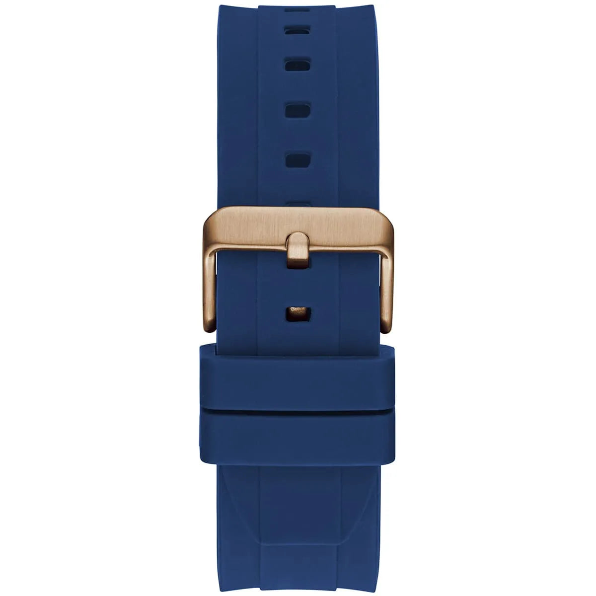Rose gold tone buckle clasp on the blue rubber strap of the GW0583G3