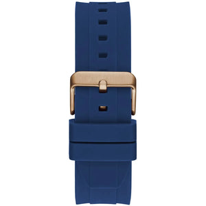 Rose gold tone buckle clasp on the blue rubber strap of the GW0583G3