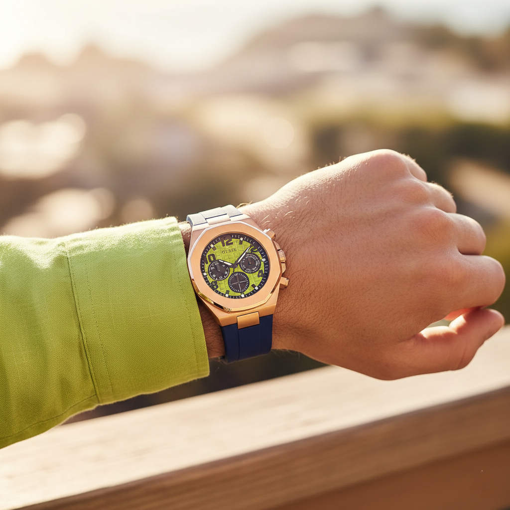 Man wearing Guess Empire GW0583G3 rose gold and blue watch with a casual outfit