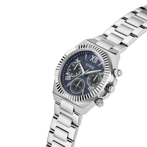 Detailed side view of the silver crown and coin-edge bezel on the Guess GW0769L1