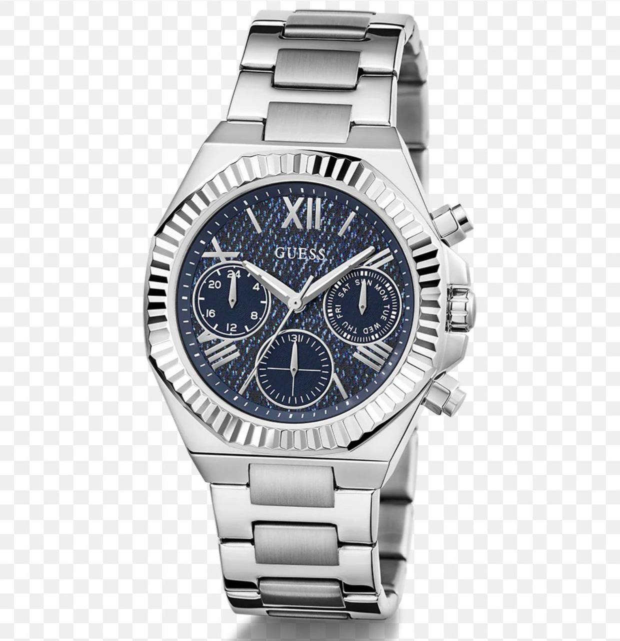 Guess Equality GW0769L1 40th anniversary ladies watch with silver case and blue denim textured dial