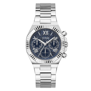 Guess Equality GW0769L1 40th anniversary ladies watch with silver case and blue denim textured dial