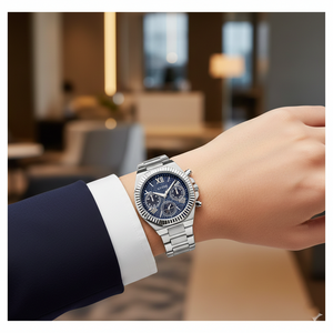 Female model wearing Guess Equality GW0769L1 denim edition watch with a trendy outfit