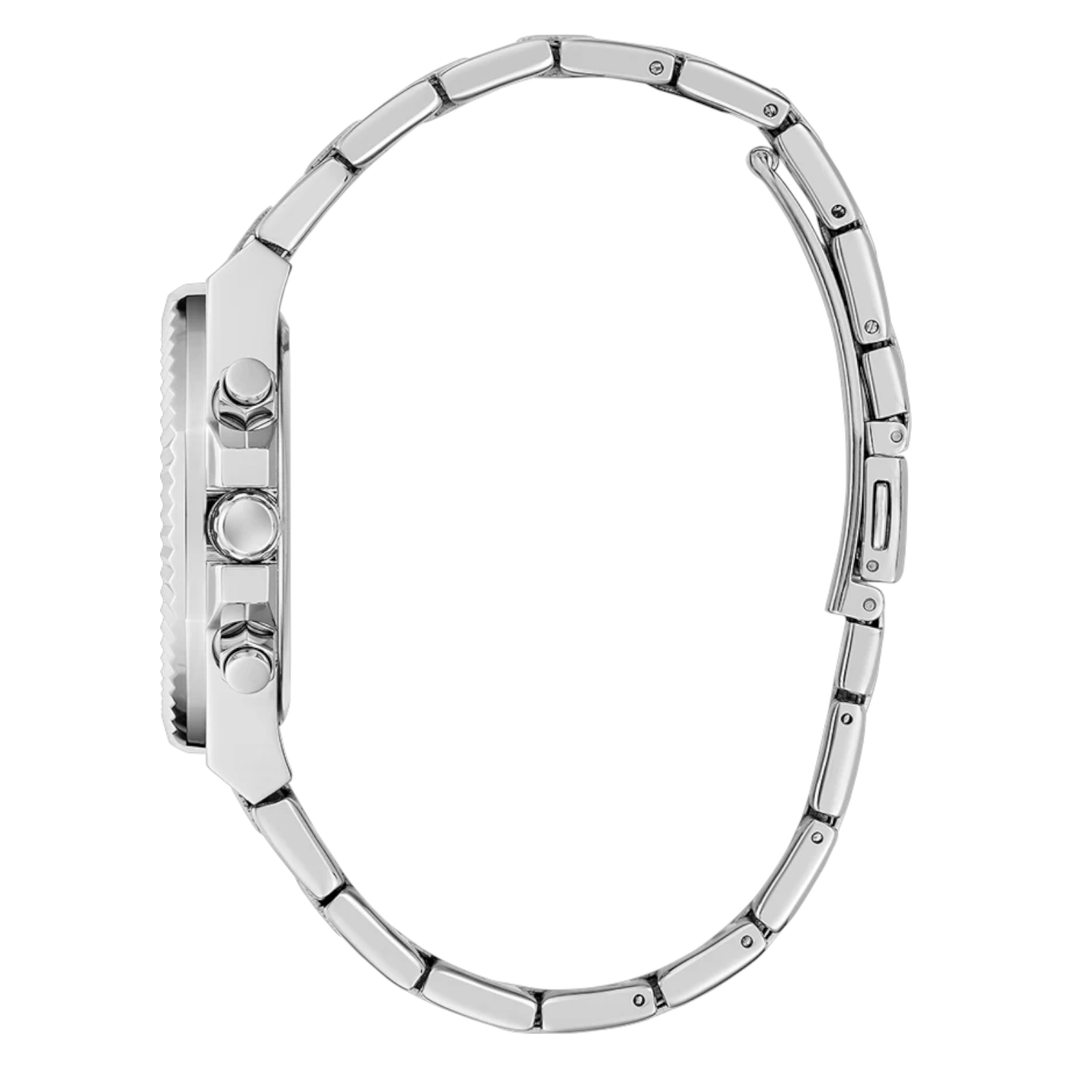 Side profile view of the 10mm thick silver tone case of the Guess Equality watch