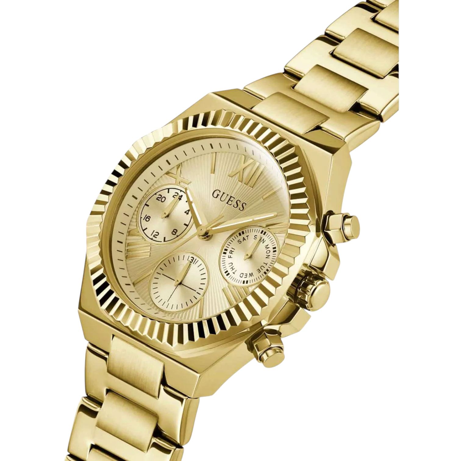 Angled view of the Guess GW0769L2 highlighting the polished gold finish and fluted bezel detail