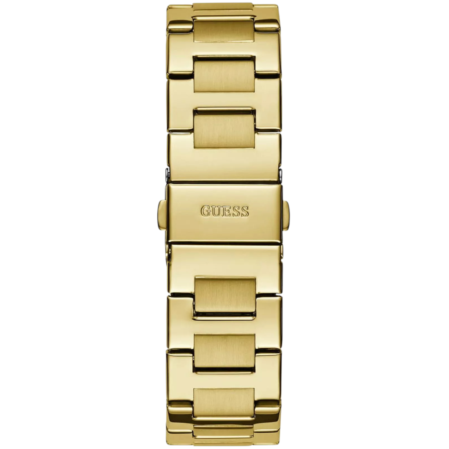 Polished gold-tone stainless steel deployment buckle clasp with Guess logo on the bracelet