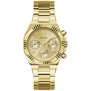 Guess Equality GW0769L2 ladies multi-function watch with gold sunray dial and gold-tone stainless steel bracelet