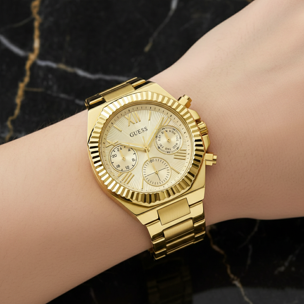 Close up shot of Guess GW0769L2 watch on the wrist of an elegant hijabi model highlighting the gold dial and coin-edge bezel