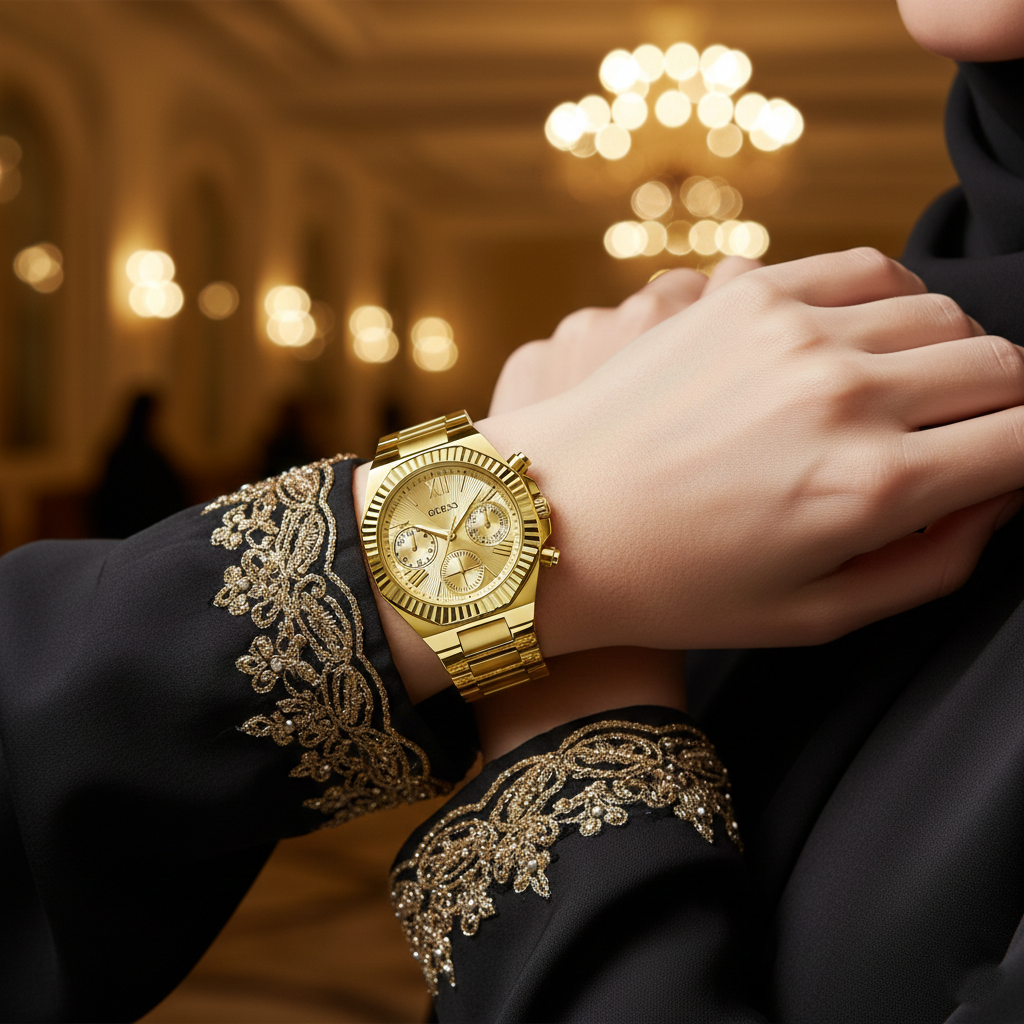 Elegant hijabi woman wearing Guess Equality GW0769L2 gold watch with a luxurious fabric cuff visible