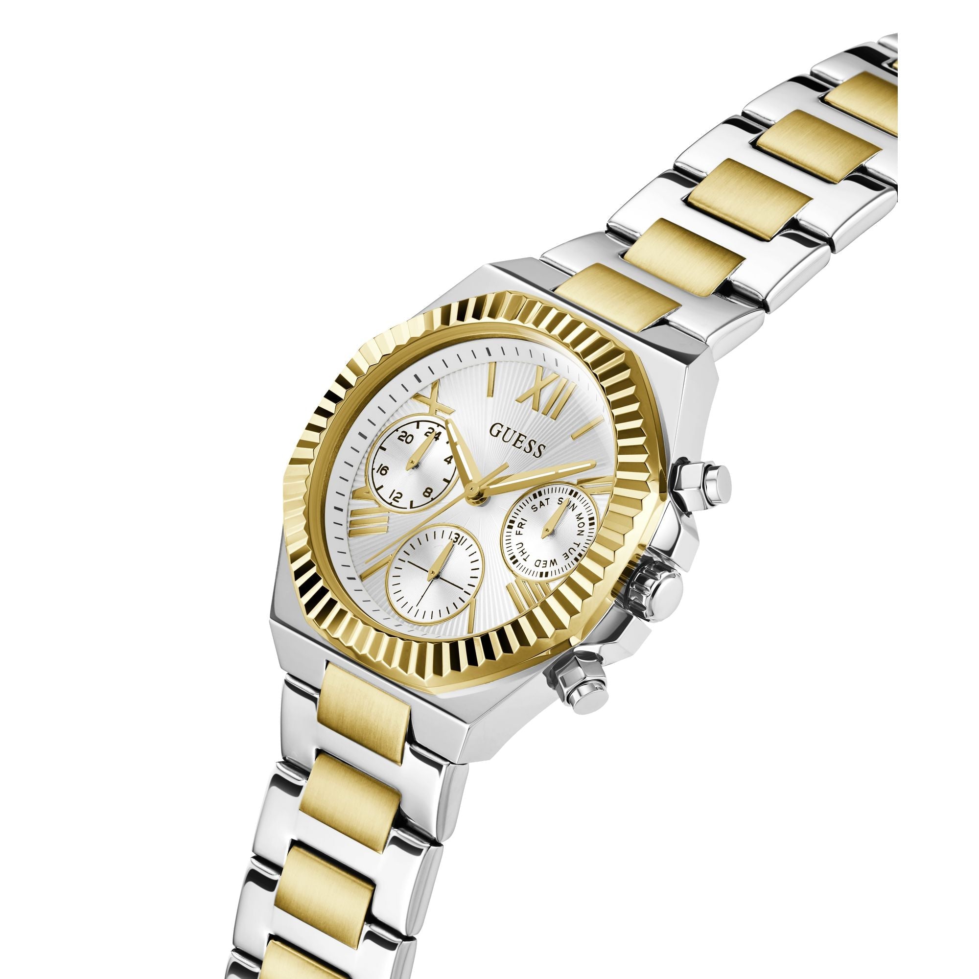 Angled view of the Guess GW0769L3 highlighting the polished two-tone finish and fluted bezel detail