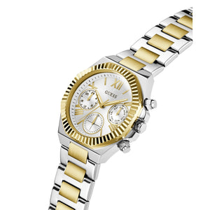 Angled view of the Guess GW0769L3 highlighting the polished two-tone finish and fluted bezel detail