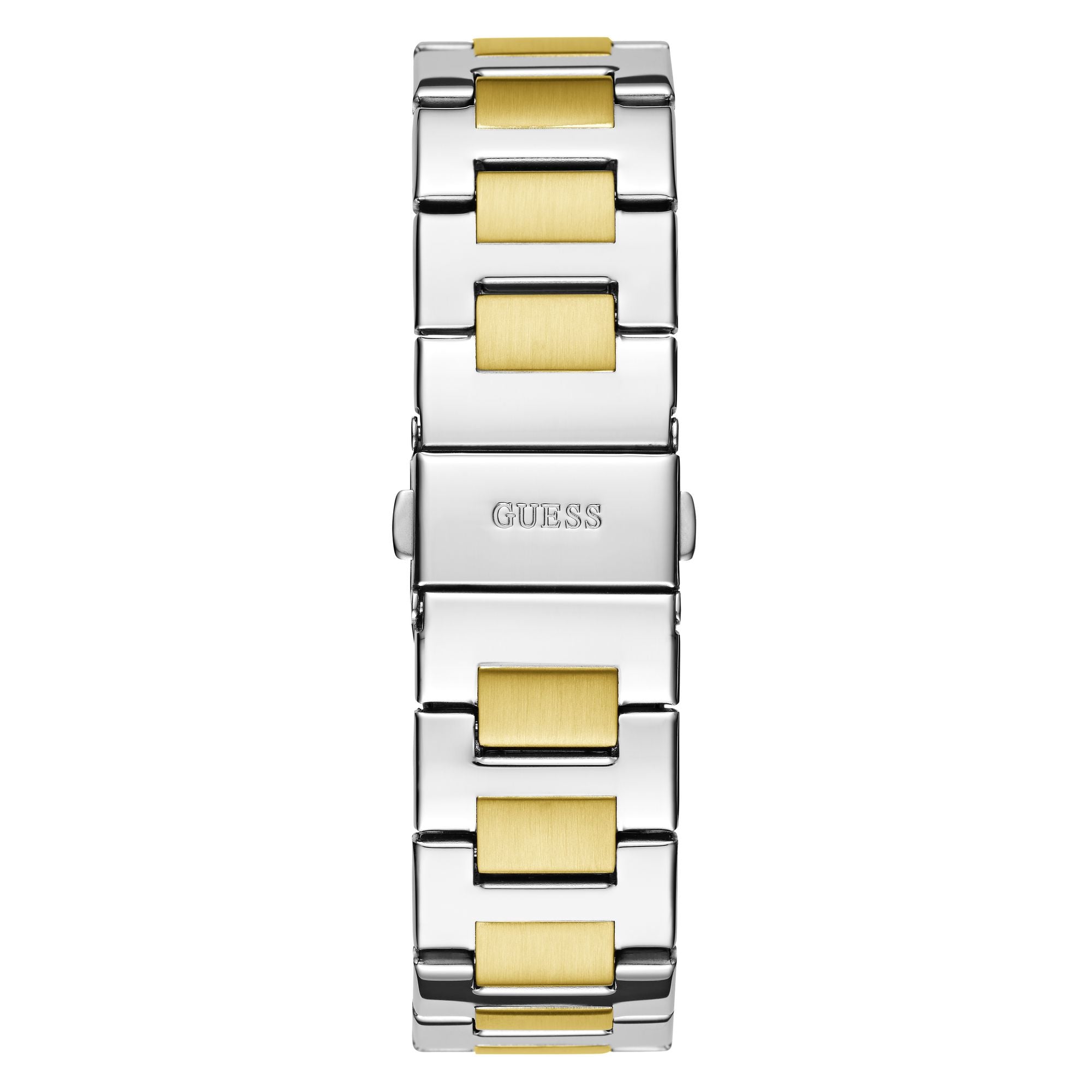 Two-tone stainless steel pilot buckle clasp with Guess logo on the bracelet of the GW0769L3