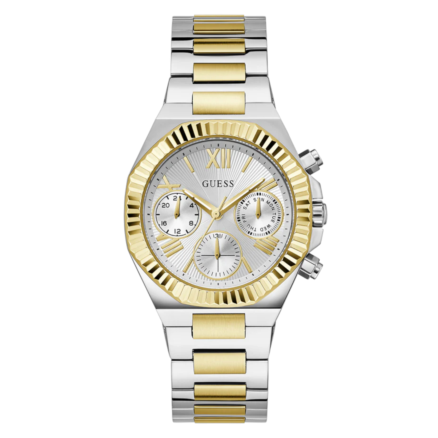 Guess Equality GW0769L3 ladies multi-function watch with silver sunray dial and two-tone silver gold bracelet