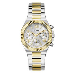 Guess Equality GW0769L3 ladies multi-function watch with silver sunray dial and two-tone silver gold bracelet