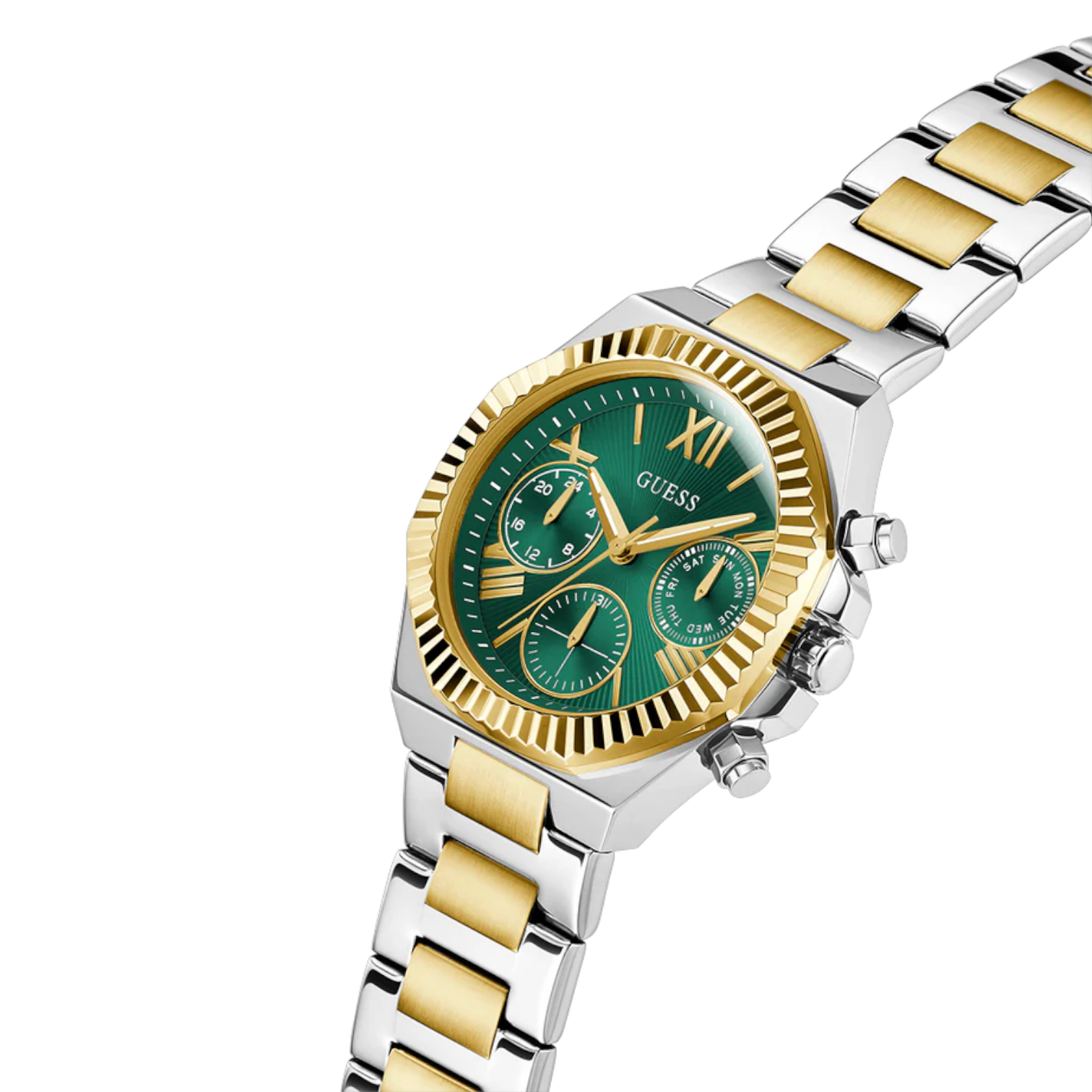 Left side perspective of the Guess Equality GW0769L4 green sunray dial and gold-tone crown
