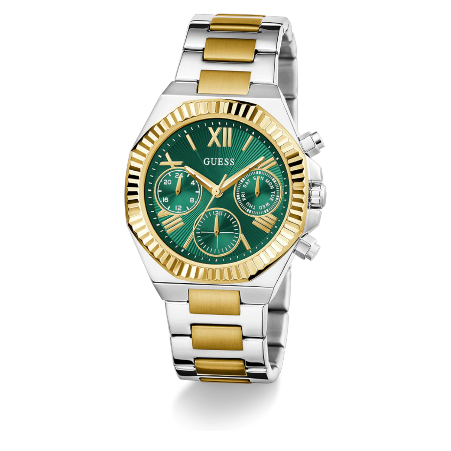 Angled view of the Guess GW0769L4 highlighting the polished two-tone finish and bezel detail