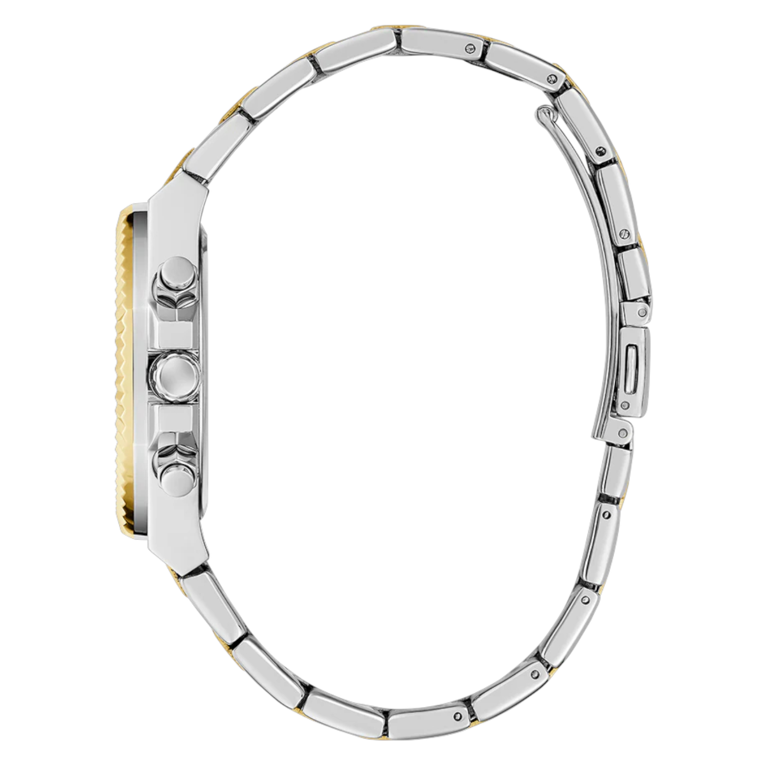 Detailed side view of the gold-tone crown and fluted bezel on the Guess GW0769L4