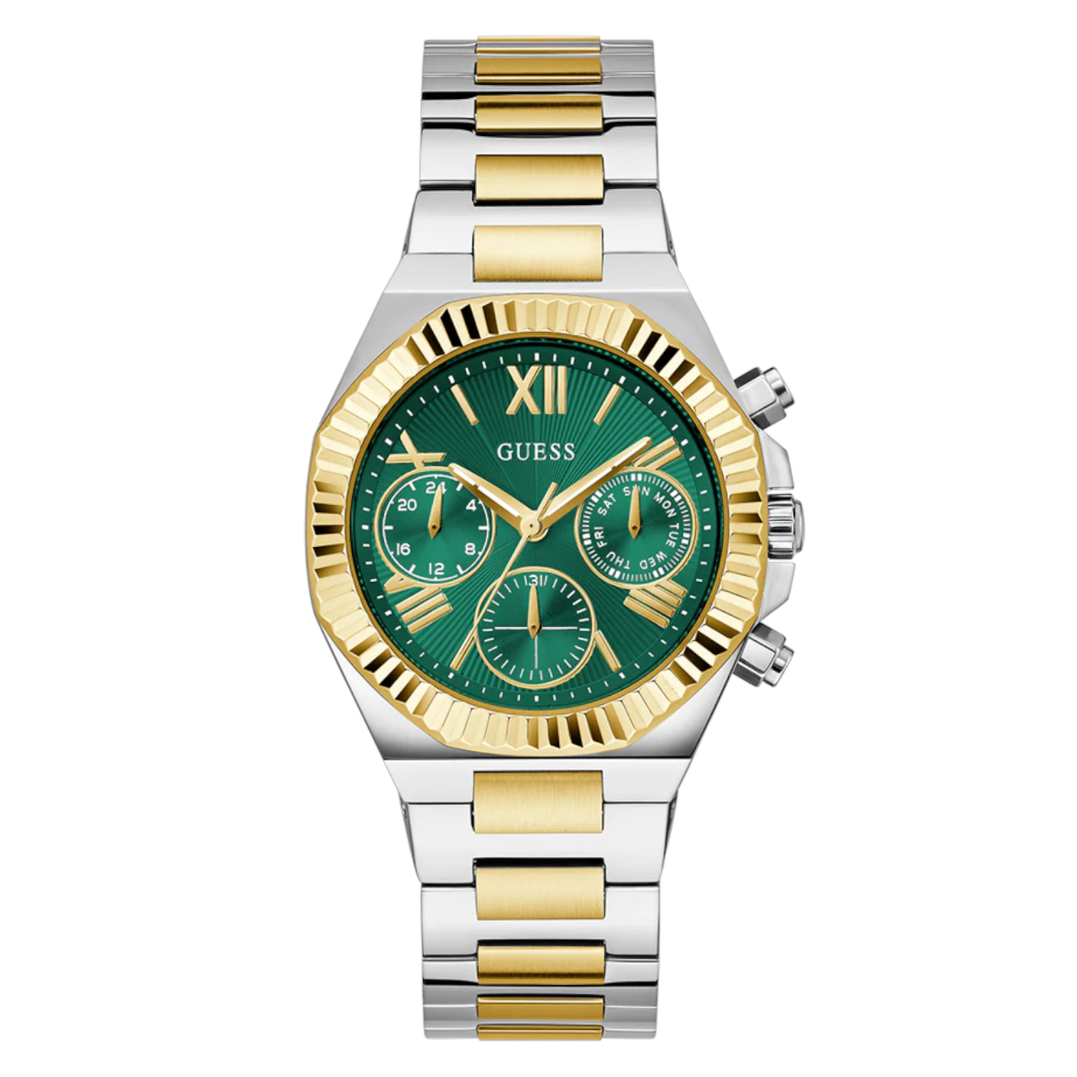 Guess Equality GW0769L4 ladies multi-function watch with green sunray dial and two-tone silver gold bracelet