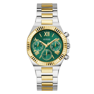 Guess Equality GW0769L4 ladies multi-function watch with green sunray dial and two-tone silver gold bracelet