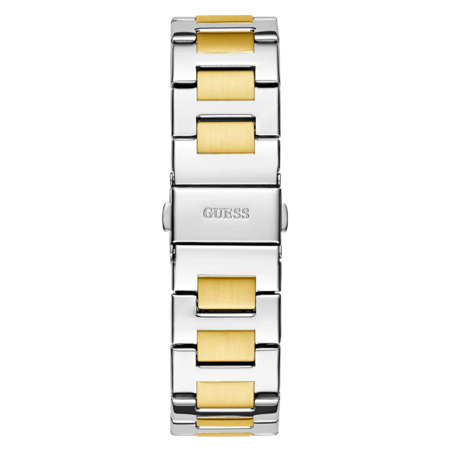 Polished two-tone stainless steel pilot buckle clasp with Guess logo on the bracelet of the GW0769L4