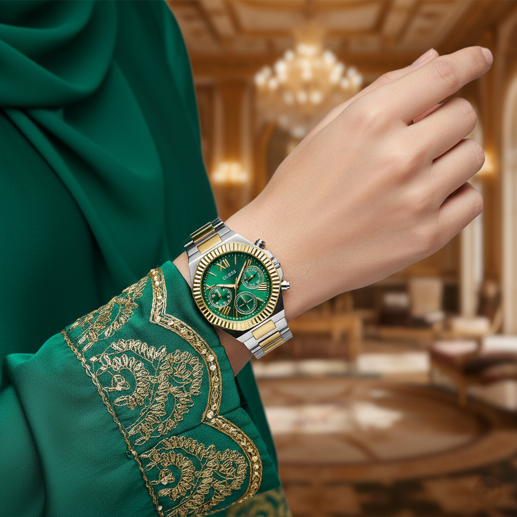 Close up shot of Guess GW0769L4 watch on wrist highlighting the green dial and coin-edge bezel