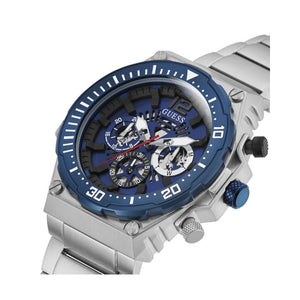 Detailed side view of the blue textured crown on the silver Guess GW0324G1