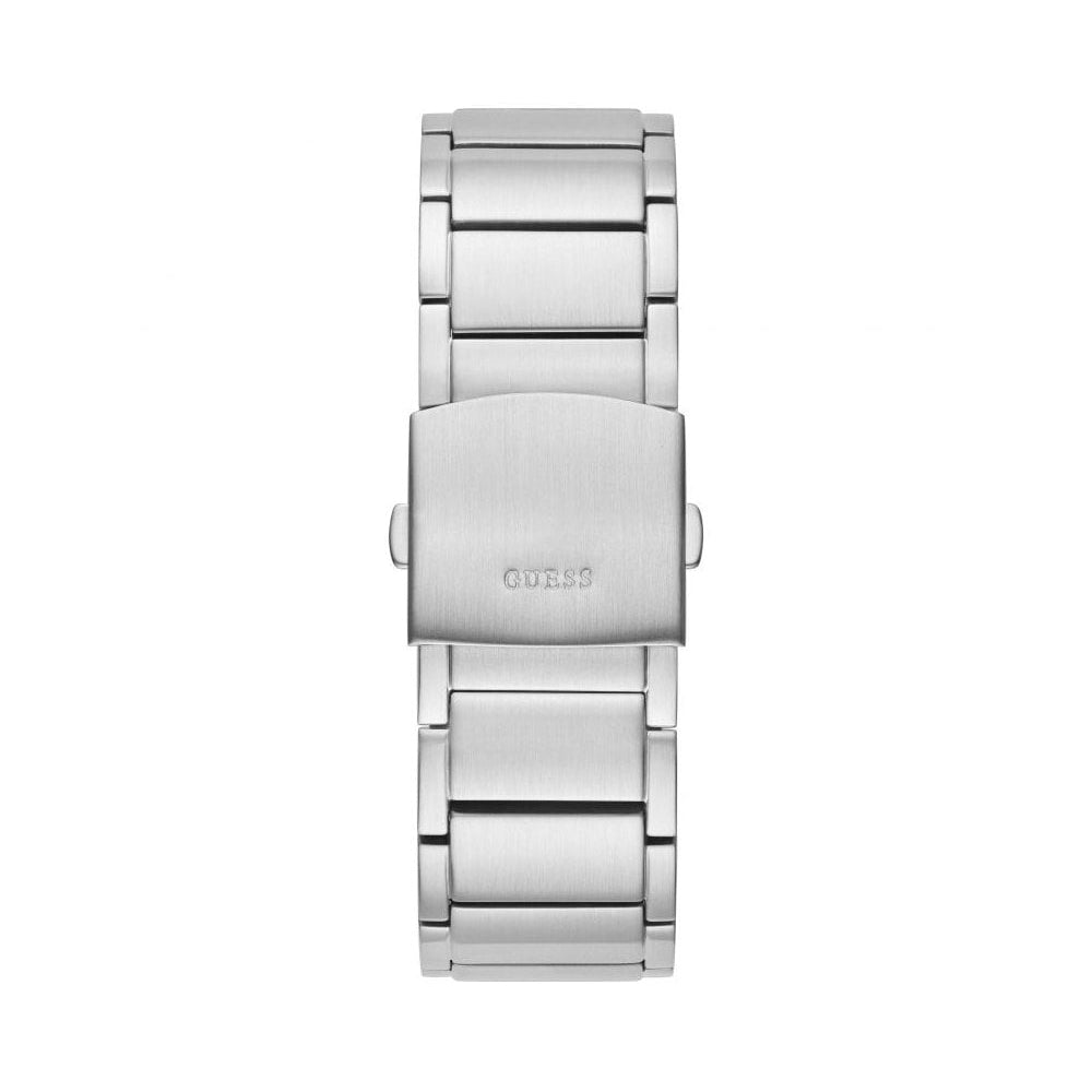 Silver-tone stainless steel deployment buckle clasp with Guess logo on the bracelet of the GW0324G1