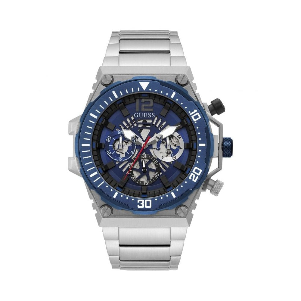 Guess Exposure GW0324G1 men's watch with silver stainless steel case, blue bezel, and blue skeleton dial