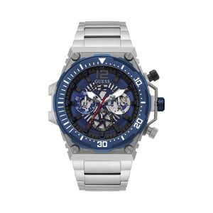 Guess Exposure GW0324G1 men's watch with silver stainless steel case, blue bezel, and blue skeleton dial