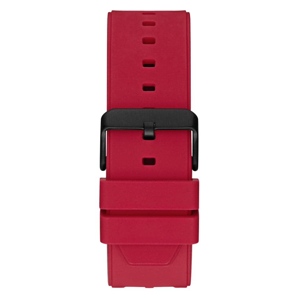 Black stainless steel buckle clasp on the red rubber strap of the GW0325G3