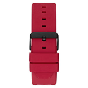 Black stainless steel buckle clasp on the red rubber strap of the GW0325G3