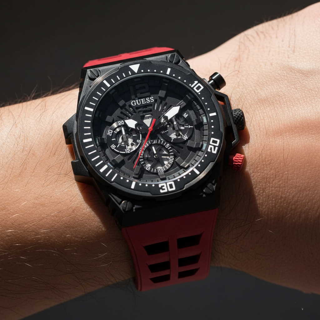 Close up shot of Guess Exposure GW0325G3 watch on wrist showing the intricate skeleton movement and red details
