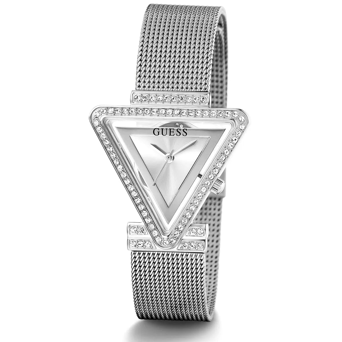 Angled view of the Guess GW0508L1 highlighting the polished silver finish and geometric case
