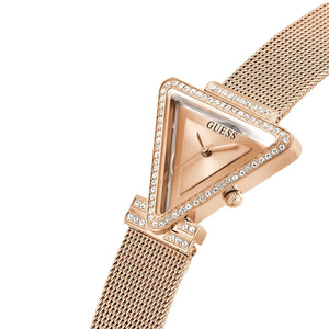 Left side perspective of the Guess Fame GW0508L3 mesh strap connection