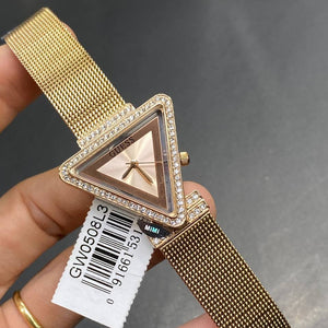 Authentic real-life photo of the Guess Fame GW0508L3 watch showing actual rose gold triangle case