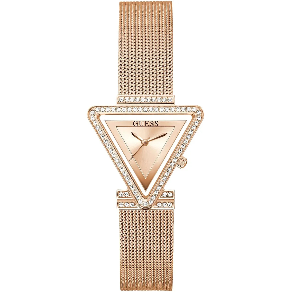 Guess Fame GW0508L3 ladies watch with rose gold triangle case, crystal bezel, and mesh bracelet