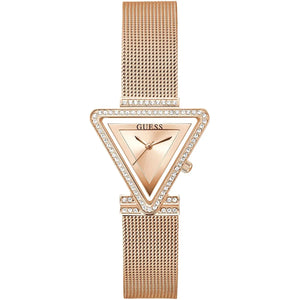 Guess Fame GW0508L3 ladies watch with rose gold triangle case, crystal bezel, and mesh bracelet