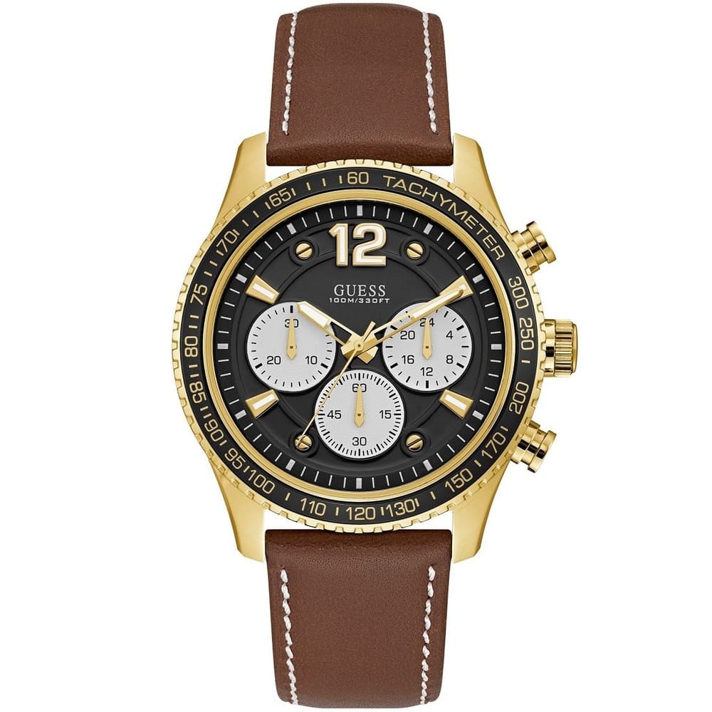 Front view of Guess Fleet W0970G2 watch with black dial and brown leather strap