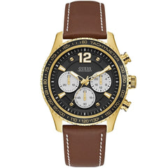 Front view of Guess Fleet W0970G2 watch with black dial and brown leather strap