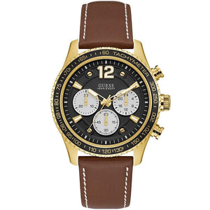 Front view of Guess Fleet W0970G2 watch with black dial and brown leather strap