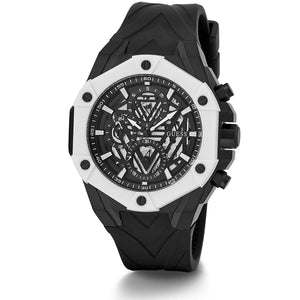 Angled view of the Guess GW0579G1 highlighting the oversized 47mm black case and white bezel ring
