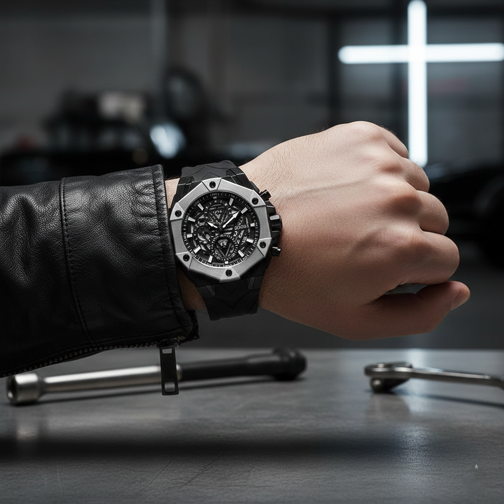 Male model wearing Guess Formula GW0579G1 black and white sport watch with a casual athletic outfit