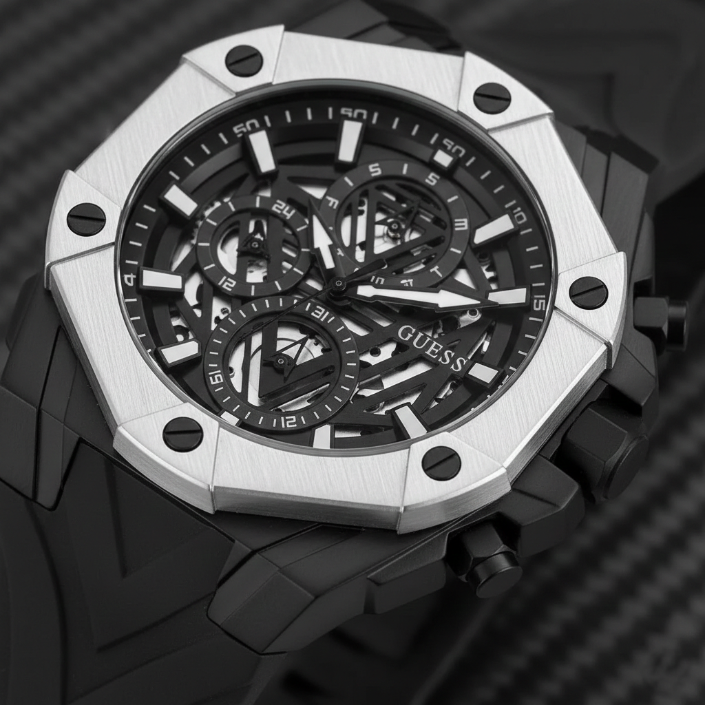 Close up shot of Guess Formula GW0579G1 watch on wrist showing the black mechanical dial and white bezel contrast