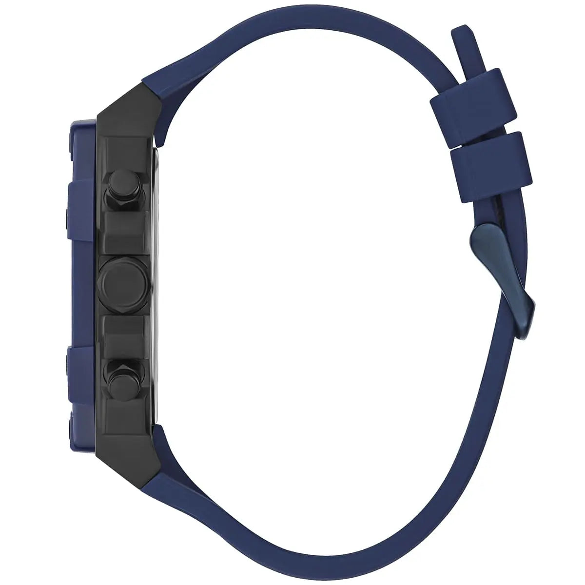 Side profile view of the 12.8mm thick blue stainless steel case of the Guess Formula watch