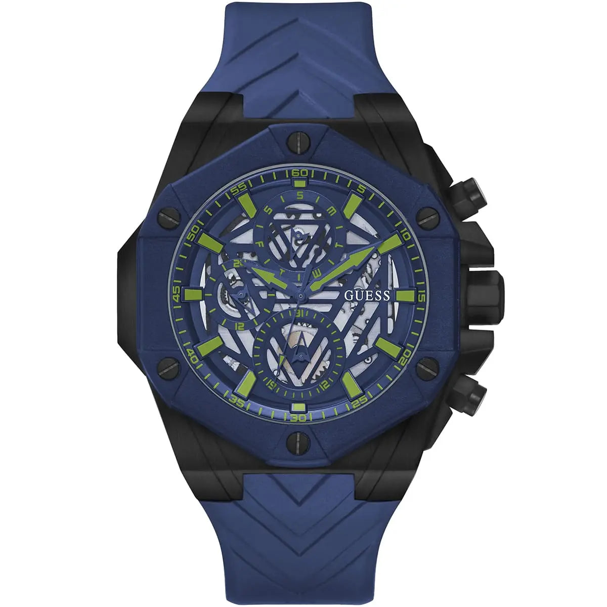 Guess Formula GW0579G3 men's watch with blue case, skeleton dial with neon accents, and blue silicone strap