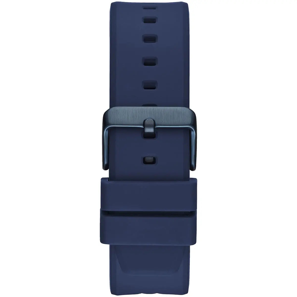 Blue stainless steel buckle clasp with Guess logo on the silicone strap of the GW0579G3