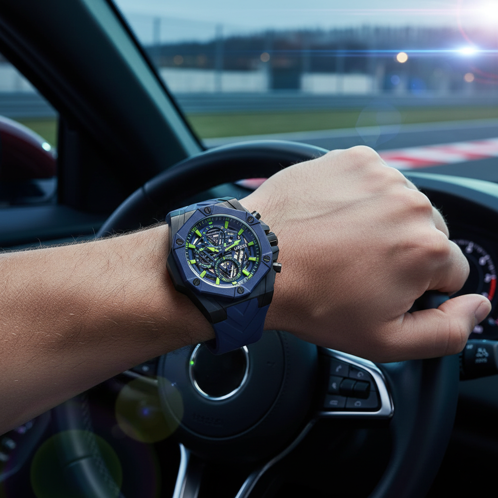 Male model wearing Guess Formula GW0579G3 blue sport watch with a casual racing-inspired outfit