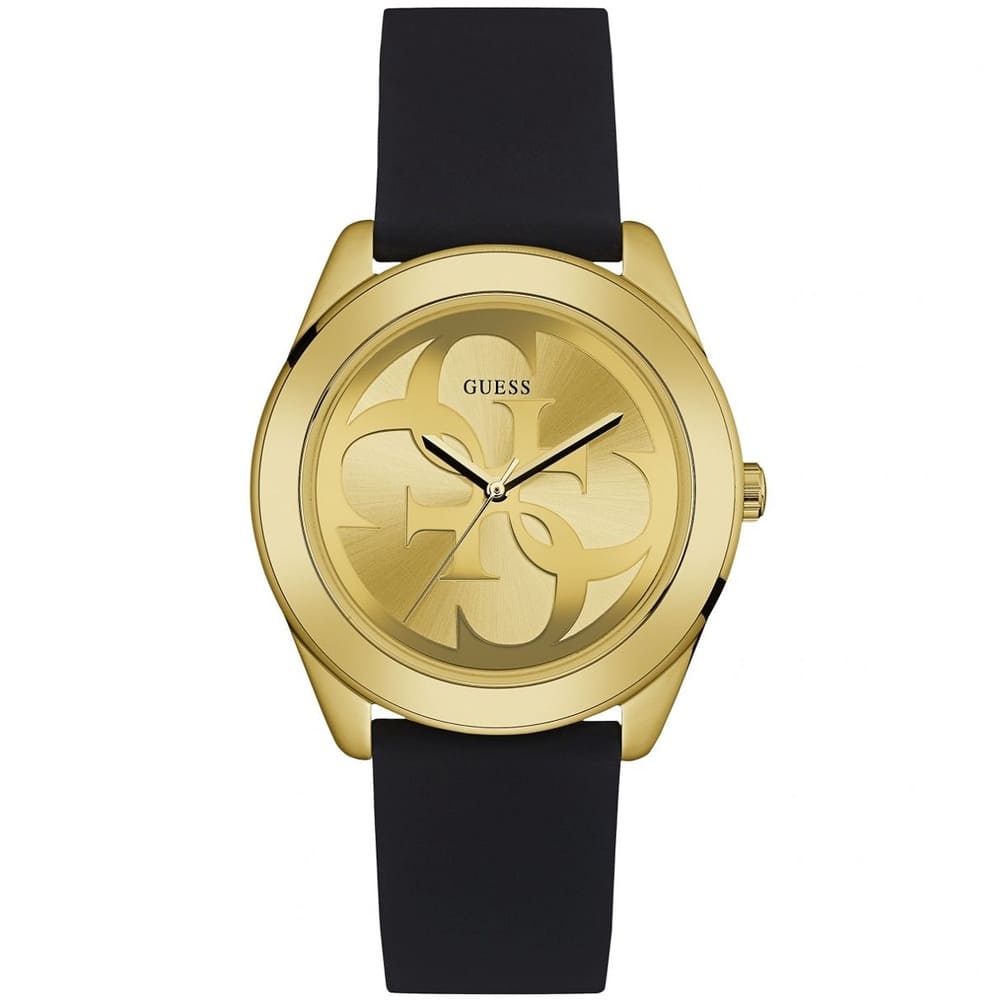 Guess G-Twist W0911L3 ladies watch with gold tone case, champagne logo dial, and black silicone strap